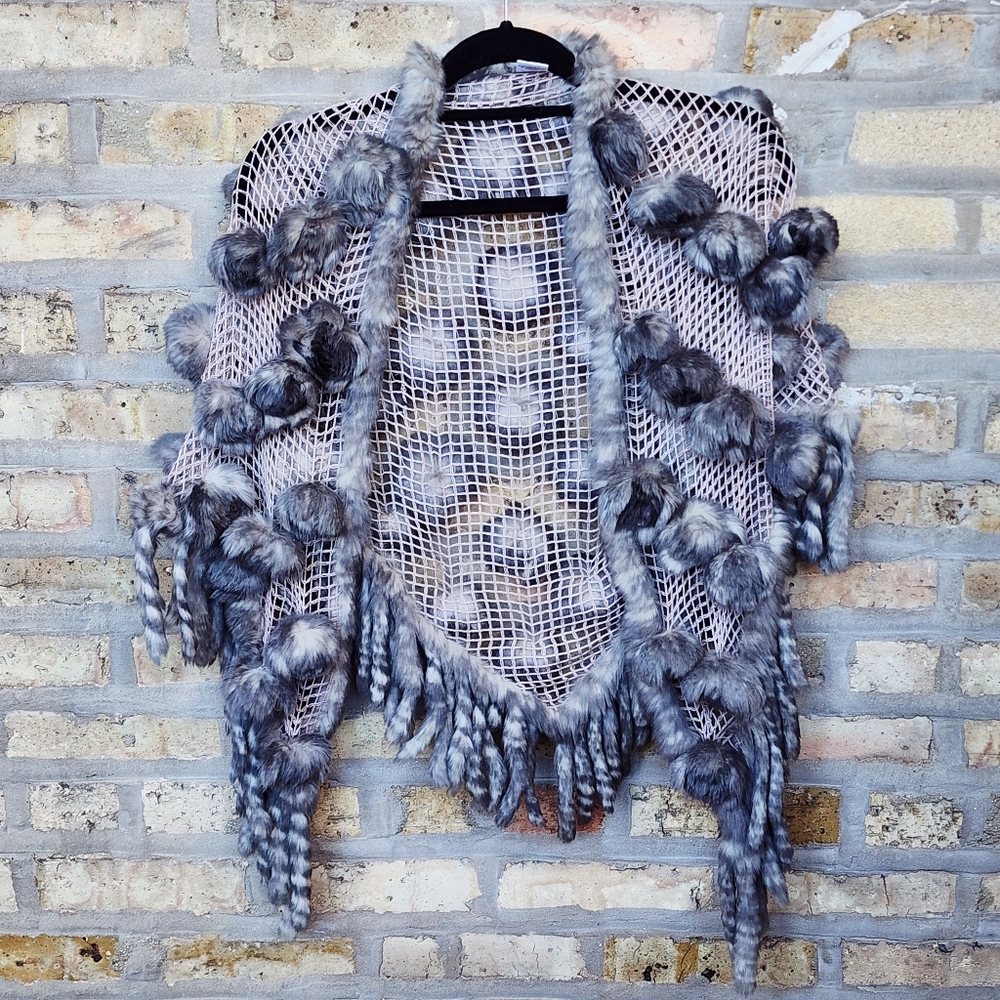 Harry Angel Desire Rabbit Fur Rosettes Mesh Net Poncho Shawl Shoulder Scarf Wrap